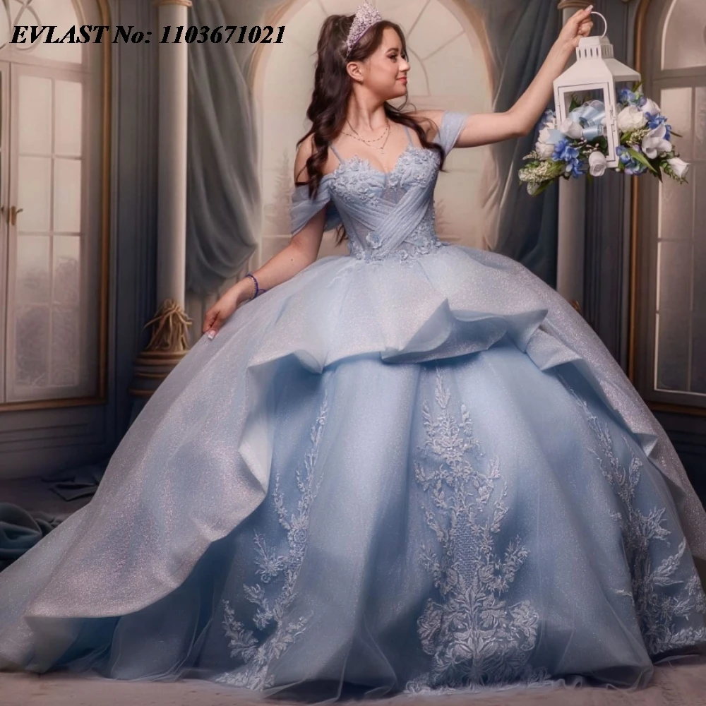 

EVLAST Princess Sky Blue Quinnceanera Dress Ball Gown Lace Applique Beading Tiered Corset Sweet 16 Vestidos De 15 Anos SQ508