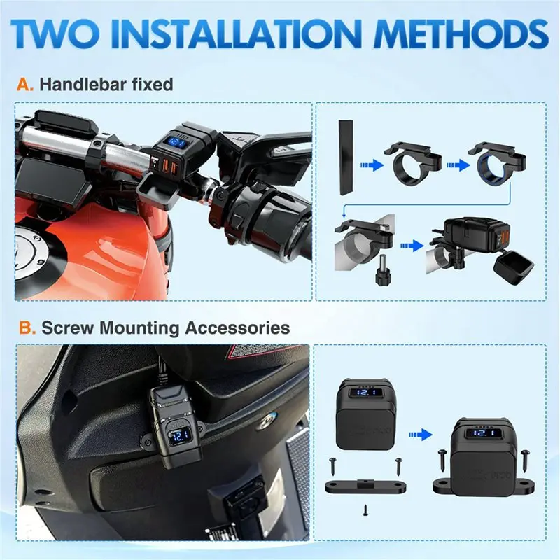 NEW-2X Motorcycle USB , 6.8A Quick Charge 3.0 Dual USB Motorcycle Phone With Voltmeter & On/Off Switch