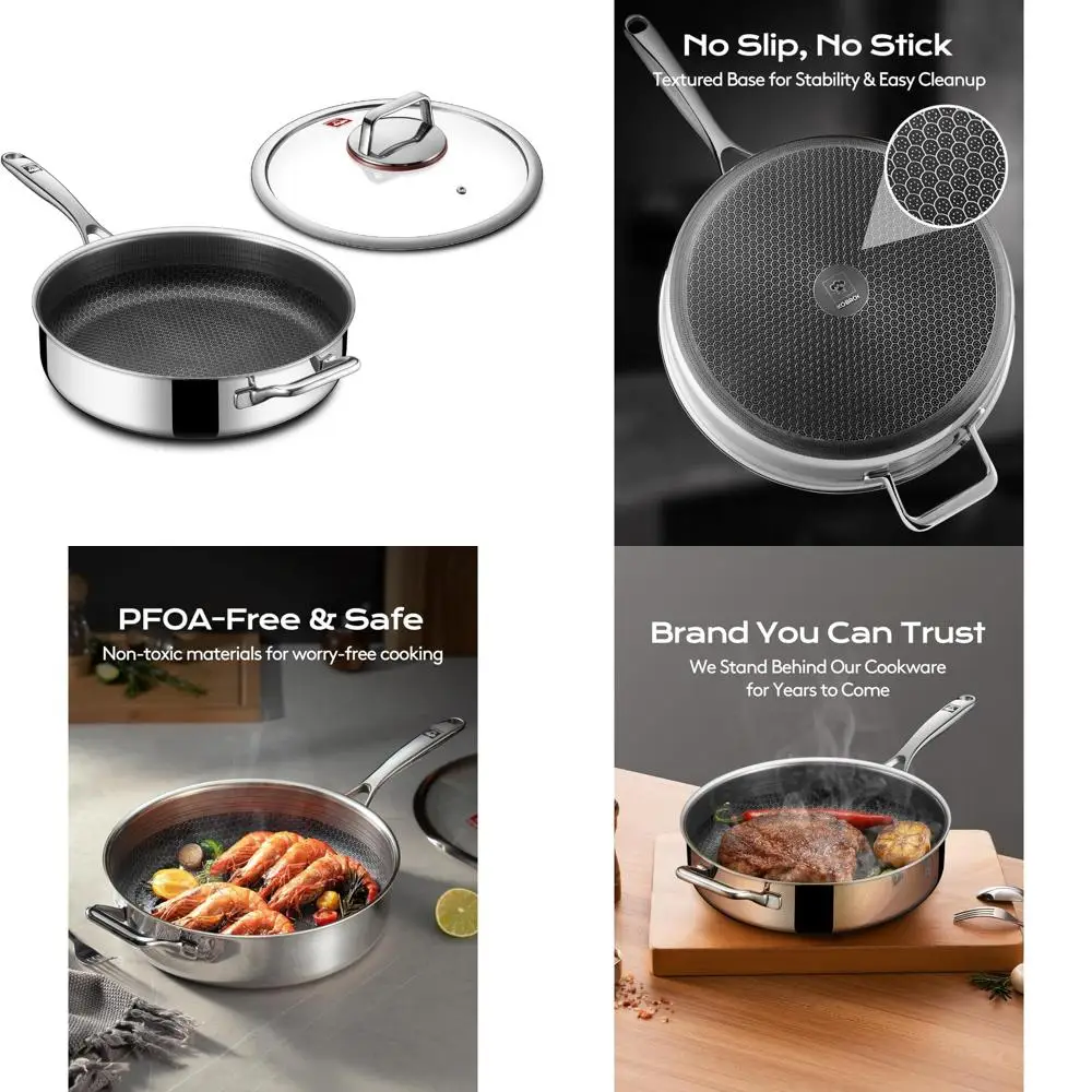 

Сковорода-соте из нержавеющей стали на 5,5 литра с крышкой, прохладной ручкой, готовая к индукции, безопасная для духовки и посудомоечной машине, идеально подходит для сотрудничества.