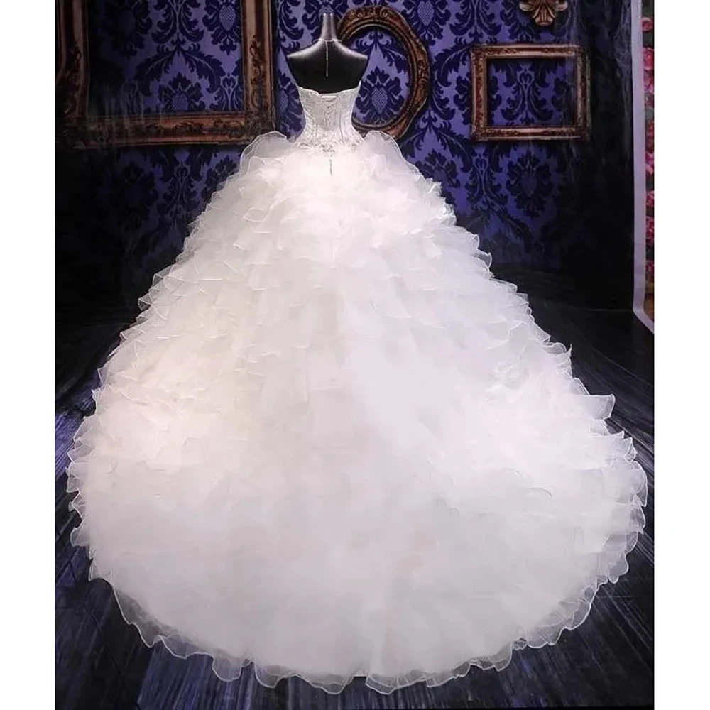 KSDN White Ball Gown Sleeveless Sweetheart Royal Train Organza Lace Up Crystal Applique Luxury Wedding Dress robe de mariée 2024