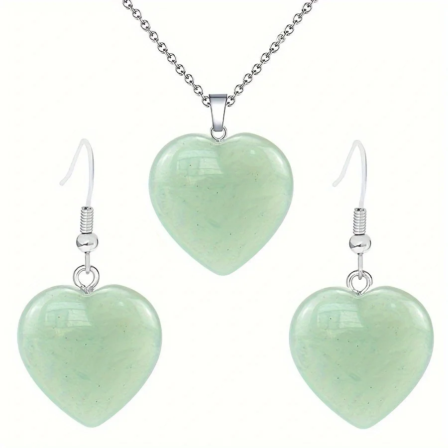 1 set Natural Stone Rose Quartzs Heart Earrings Necklace Pink Crystal Dangle Earring Eardrop Women Party Wedding Jewelry Heart