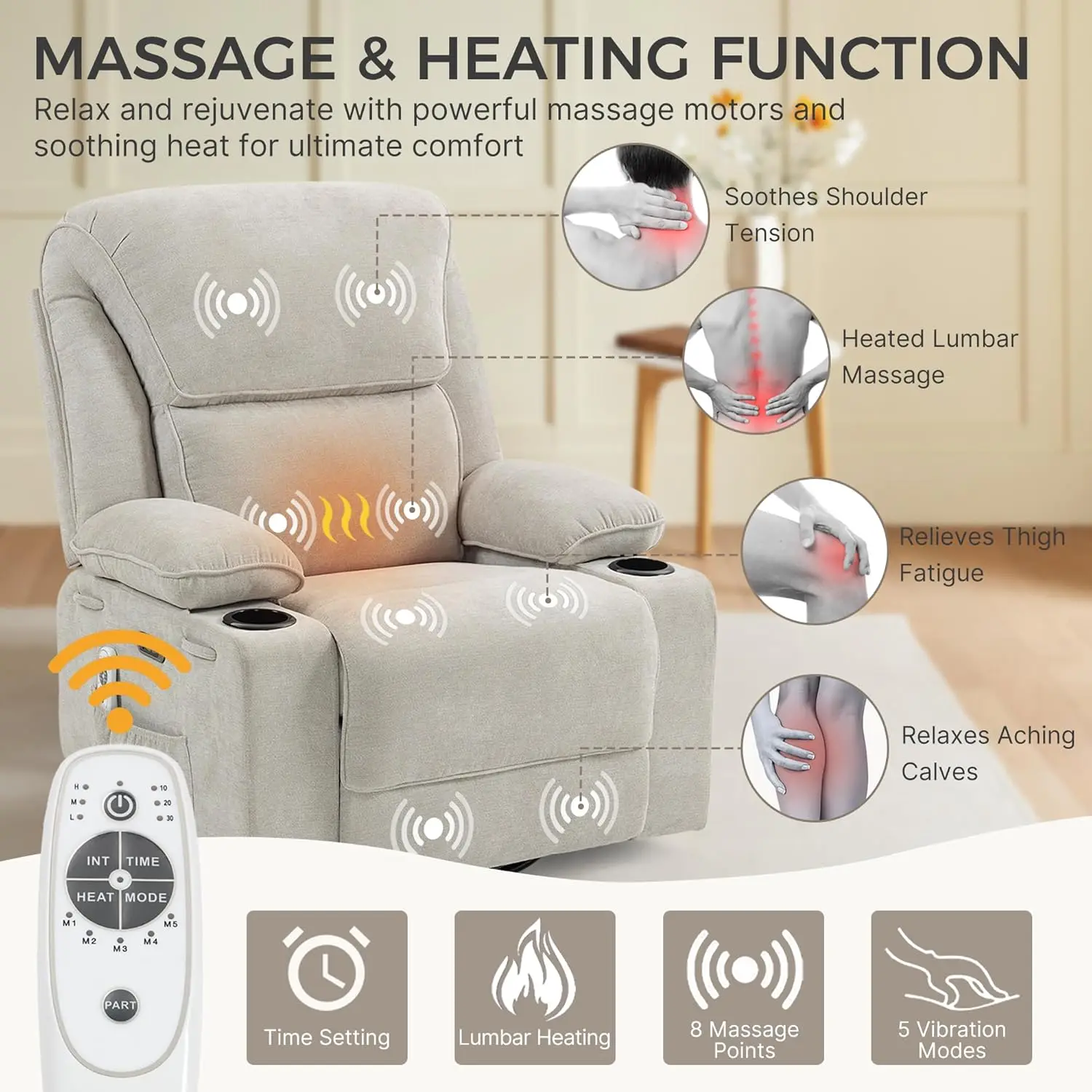 

Power Recliner Massage Rocking Swivel Nursery Chair USB Type-C Small Space Bedroom RV Gray, Custom