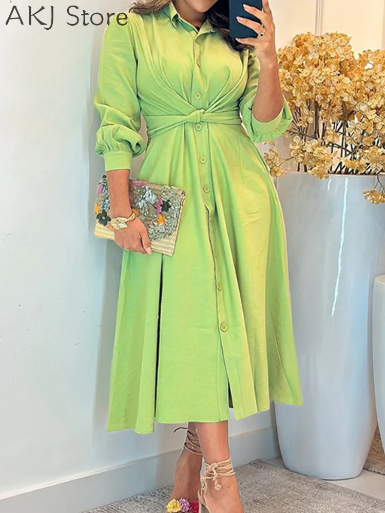 

Turn-down Collar Puff Sleeve Tied Detail Shirt Dress Casual Loose A Line Midi Dress