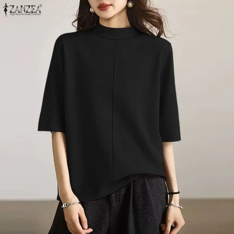 

Woman Solid Color Casual Day Wear T-Shirts Mock Neck Short Sleeves Seam Detail Tees ZANZEA Summer 2026 Women's Minimalist Tops
