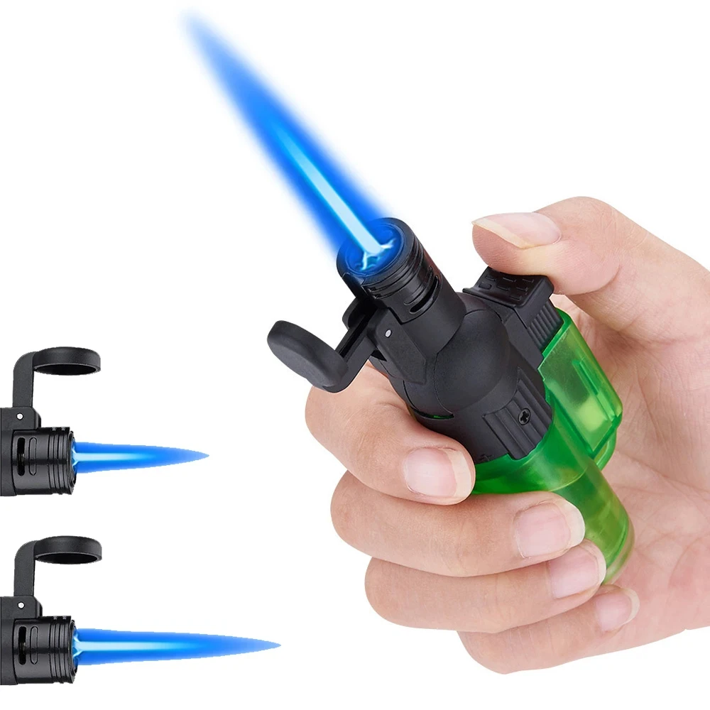 Encendedor de llama de chorro a prueba de viento, antorcha de Gas recargable, cuerpo transparente, boquilla plegable, lanzallamas, encendedor de
