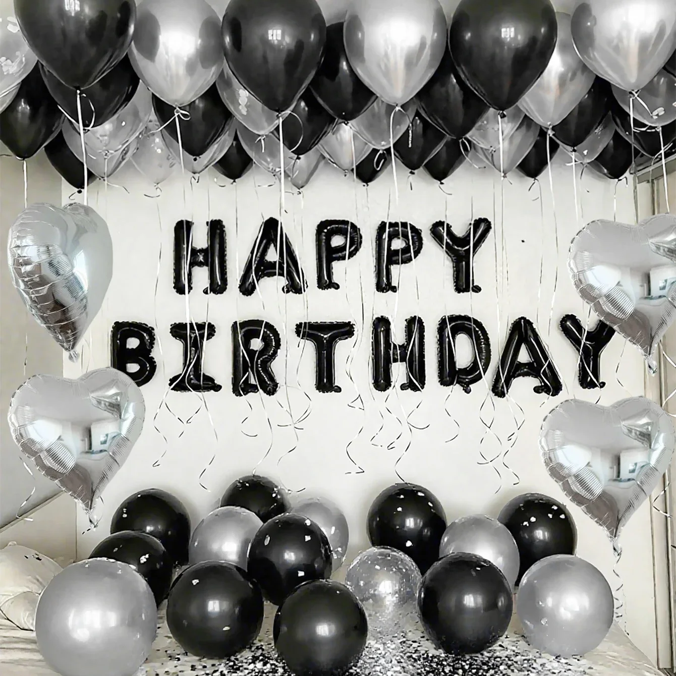 Silbernes und schwarzes Happy Birthday-Ballonset, geeignet für Geburtstagsfeierdekoration und Foto-Requisiten