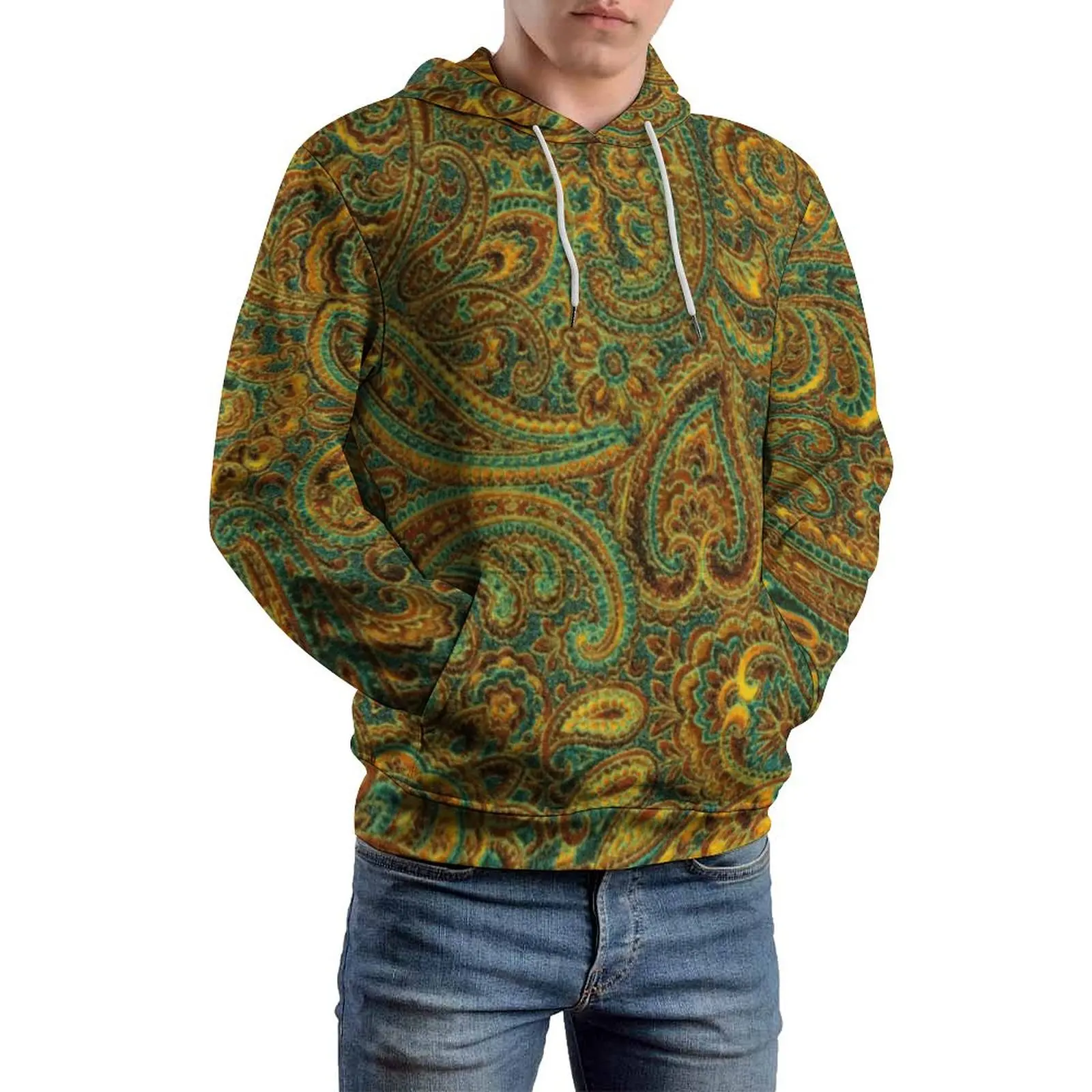 

Retro Paisley Print Loose Hoodies Colorful Floral Y2k Pullover Hoodie Men Long-Sleeve Oversized Classic Graphic Top