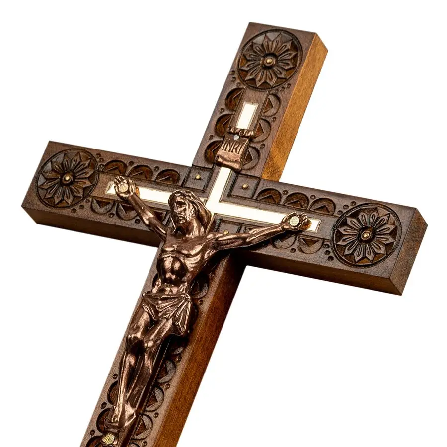 

Hand carved wooden wall cross, Catholic crucifix