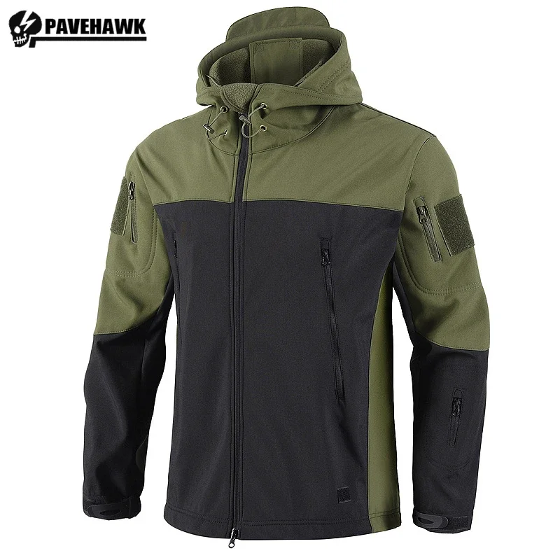 Thicken Tactical Windproof Hooded Jackets Mens Fleece Color Block Hunting Combat Coats Multi Pockets Camo Patchwork Warm Outwear