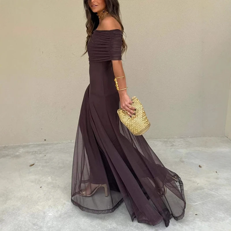 Elegante tubino monospalla abito lungo trasparente moda donna temperamento abito da festa sottile abiti maxi sexy senza spalline in tinta unita