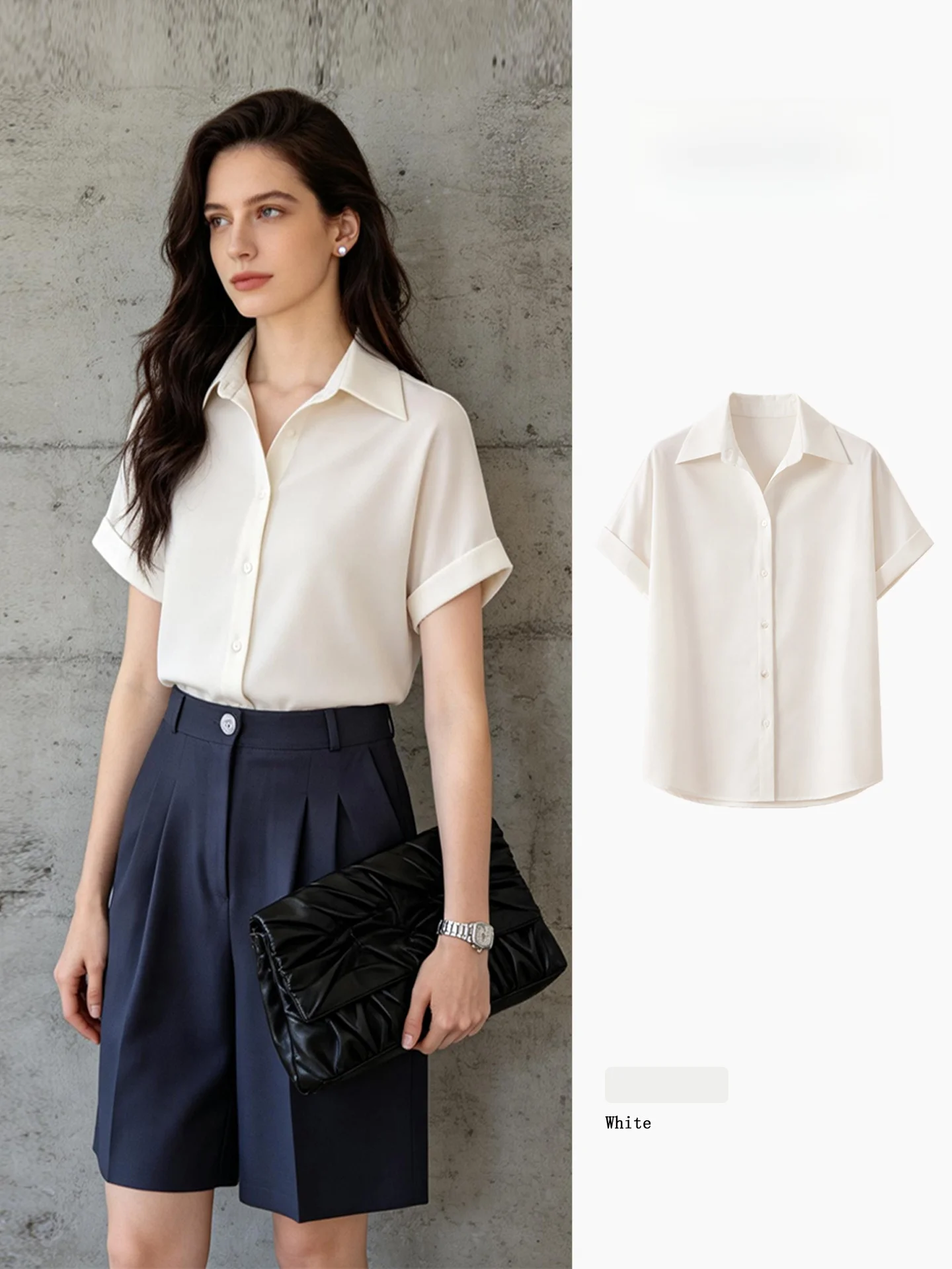 

White Short Sleeve Shirt Women's Summer New Style Turn-down Collar Design Sensation Commute Slimming Professional OL Button u...