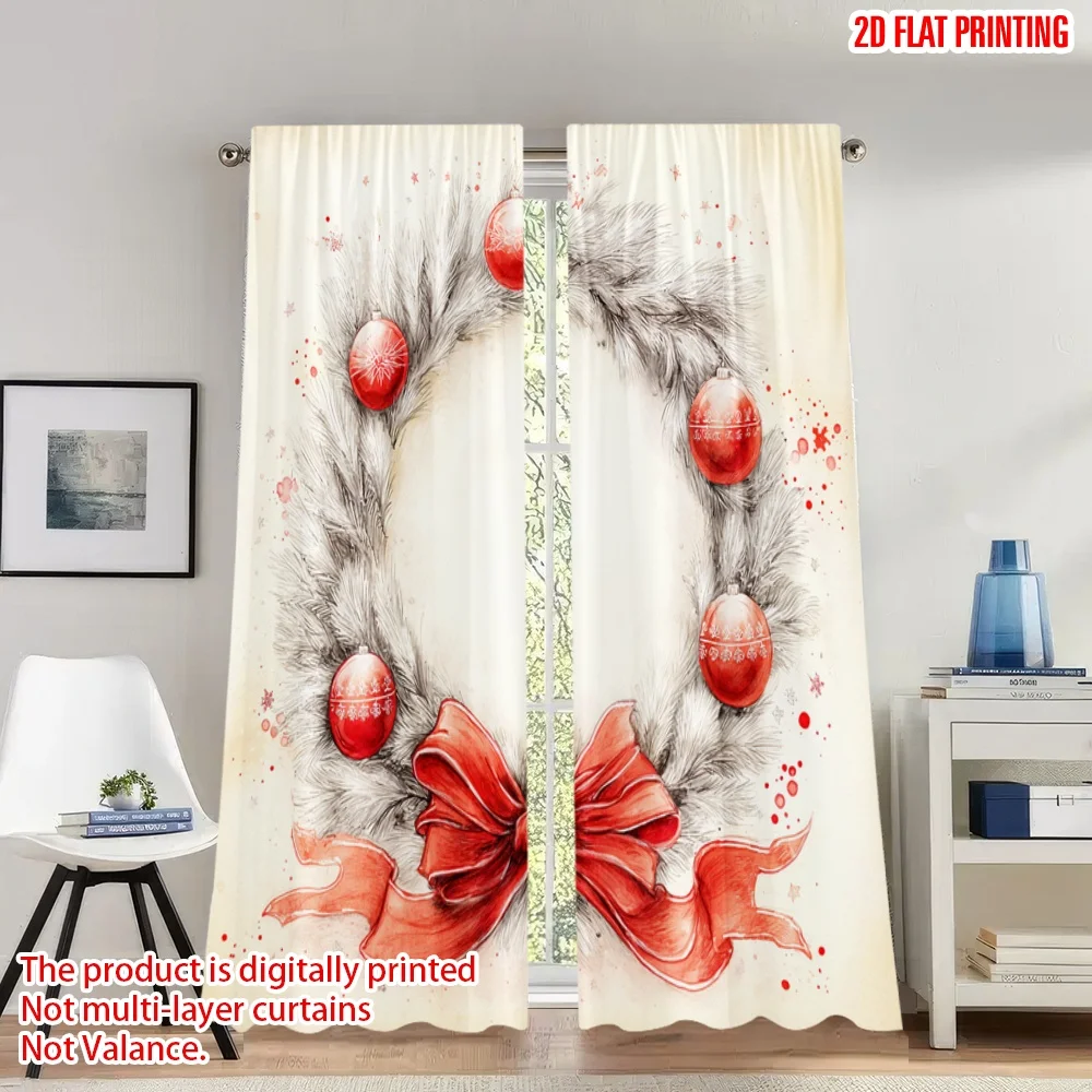

2pcs 2D flat printing Happy Christmas fashion curtains Christmas Wreath Red Baubles_a Digital Printed Polyester Drapes Party &
