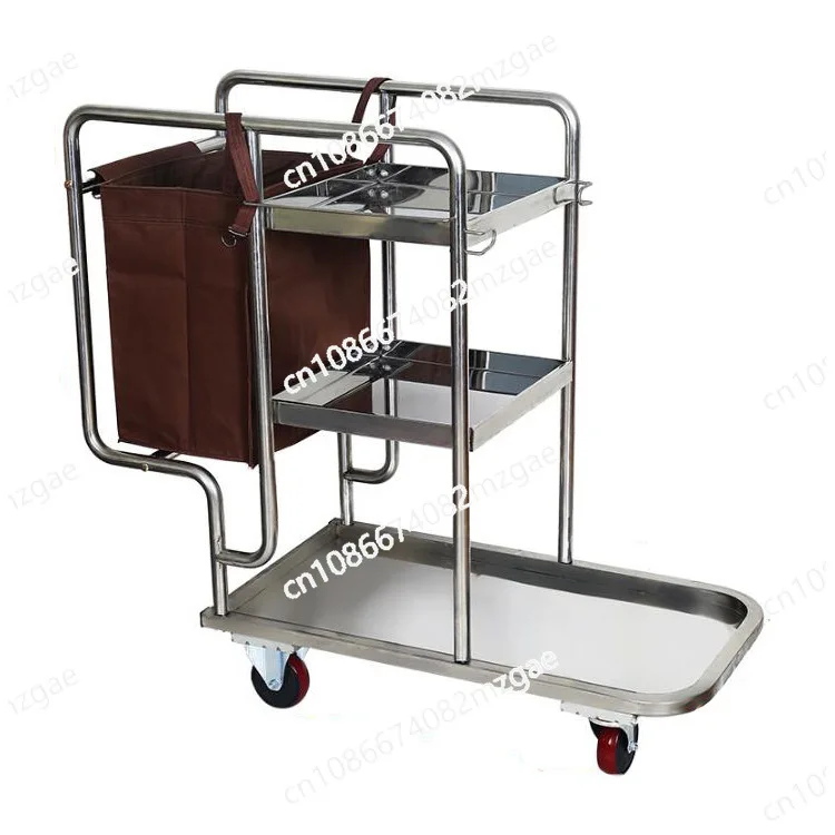 Stainless Steel 3 Shelf Janitor Cart With Cloth Bag Housekeeping Cart Hotel Mute Wheel Commercial Hotel Cleaning Cart