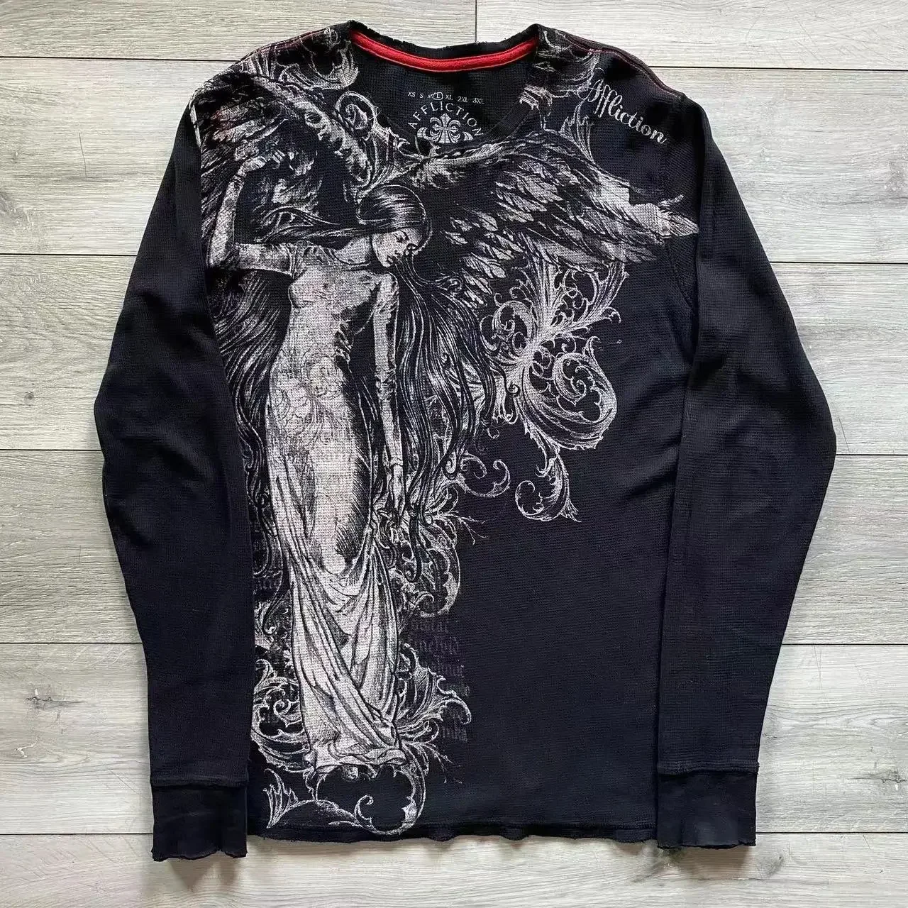 

Y2K New Affliction футболка с длинным рукавом и круглым вырезом в стиле ретро с принтом High Street в стиле хип-хоп, готический Harajuku, свободный хлопковый топ для пар