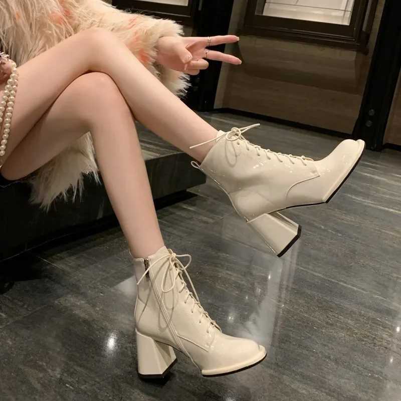 Botines gruesos a la moda para Mujer, zapatos de tacón alto con cordones de diseñador, tendencia 2021, zapatos de tacón sexis, Botas góticas para motocicleta para Mujer