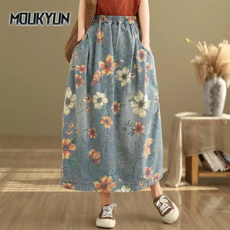 

Spring Autumn Women Midi Denim Skirt Elastic Waist Floral Print Vintage Skirt Retro Elegant Ladies's Skirt With Pockets