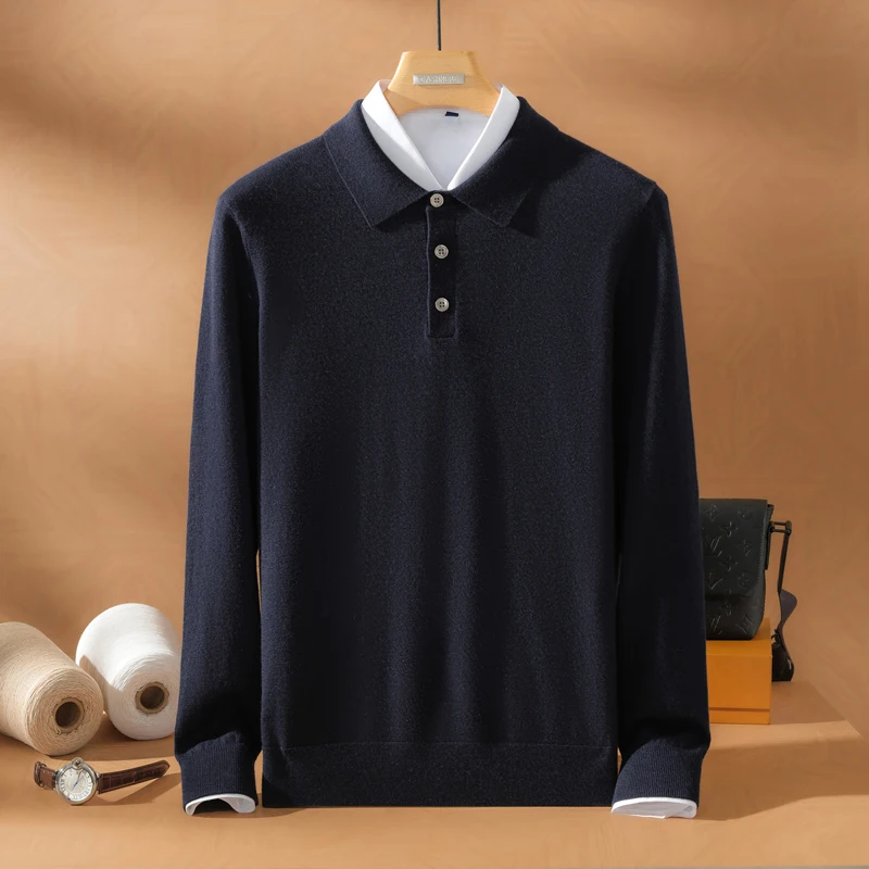New Men's 100% Pure Cashmere Pullover Casual Solid Color Knitted Sweater Loose POLO Collar Tops Basic Fine spun Cashmere Jumper