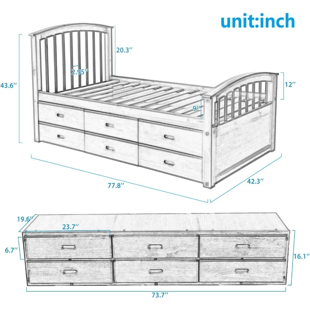 Twin Size Bed Frame with 6 Storage Drawers, Wood Bed Frame with Headboard and Footboard for Bedroom, Twin Captain Bed for Kids