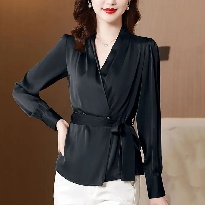 Female Clothing Commute Solid Color Shirt Spring Autumn Long Sleeve Slim Waist Elegant V-Neck Button Fashion Drawstring Blouse