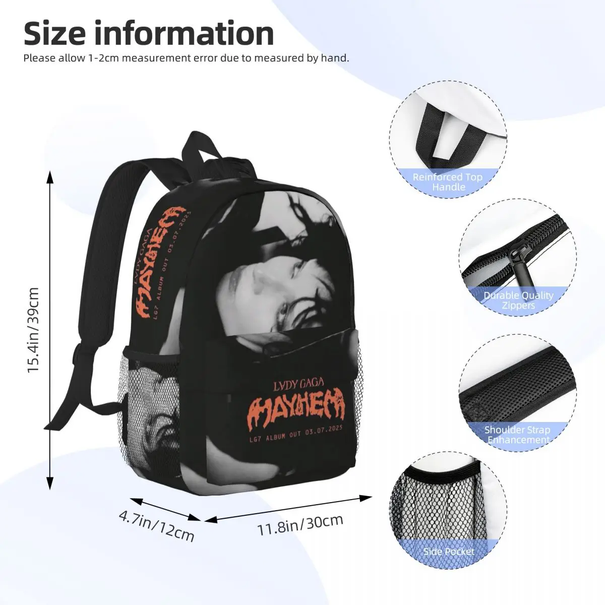 Lady Gaga Mayhem Album Backpack Student BookBag Children School Bag Laptop Shoulder Bags for Men Women