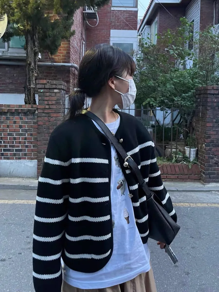 New Women's Wool Blend Striped Open Cardigan Knitted Sweater Heavy Weight Spring Autumn Season  Color Blo Warmth