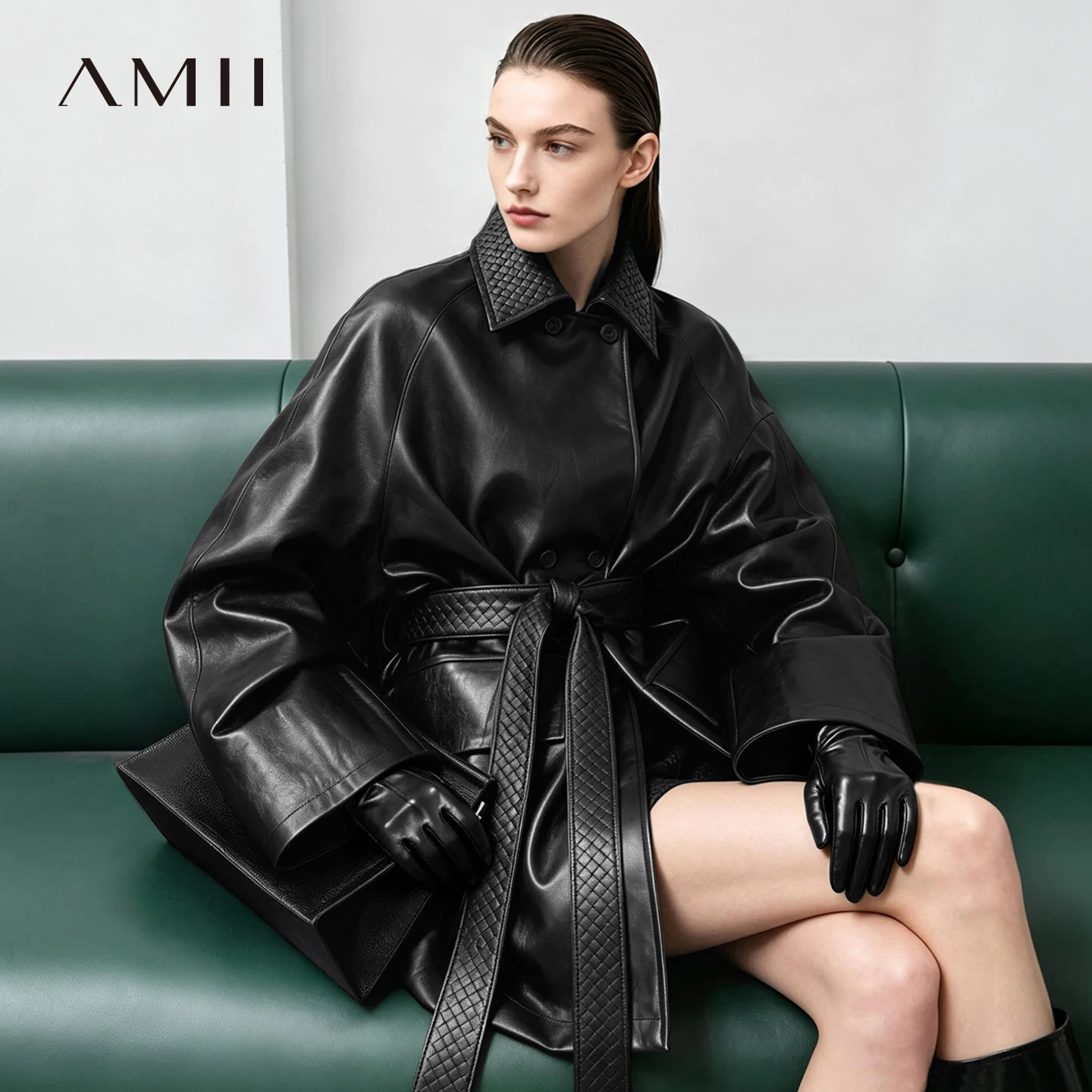 Amii Women's Oversize Faux Leather Jacket Lapel Collar Belt Raglan Sleeve Fashion Coat 2026 Autumn Trend Woman Clothing 12653017