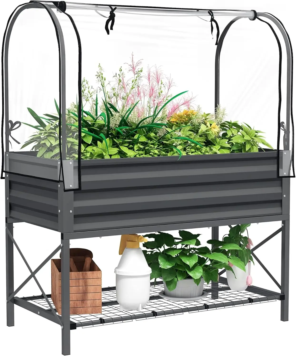 

Raised Garden Bed with Cover & Shelf, Elevated Planter Box for Vegetables, Flowers, Herbs, Dark Gray