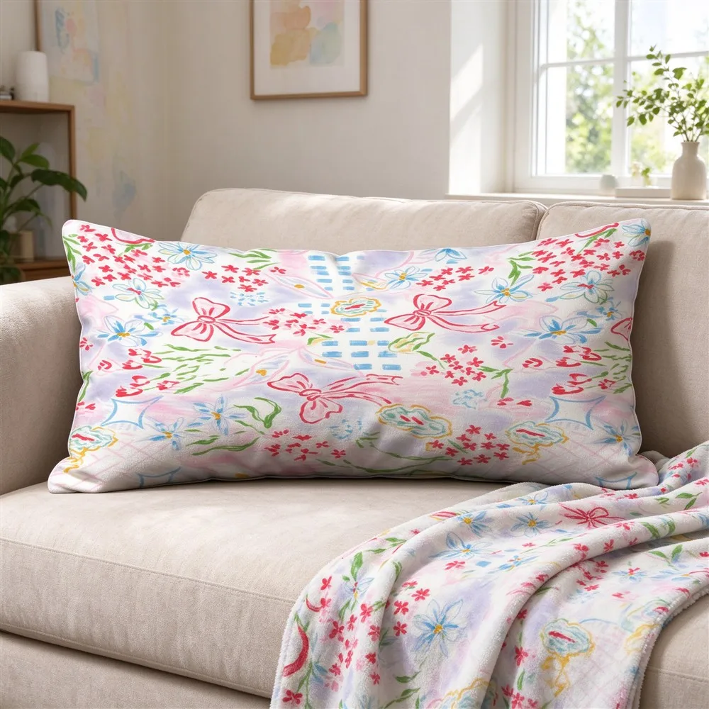 Pastel Multi Watercolor Mix Print Long Pillow Cover, Watercolor Style, Condo Decorative, Polyester, Lumbar Pillow, Functional