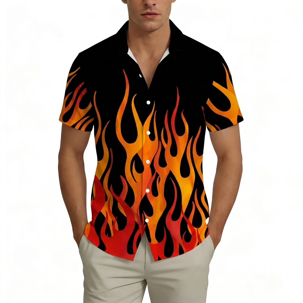 

Flame Pattern Hawaiian Shirt Personality Hip Hop Gradient Fire Print Streetwear Skateboard Style Casual Lapel Short Sleeve Tops