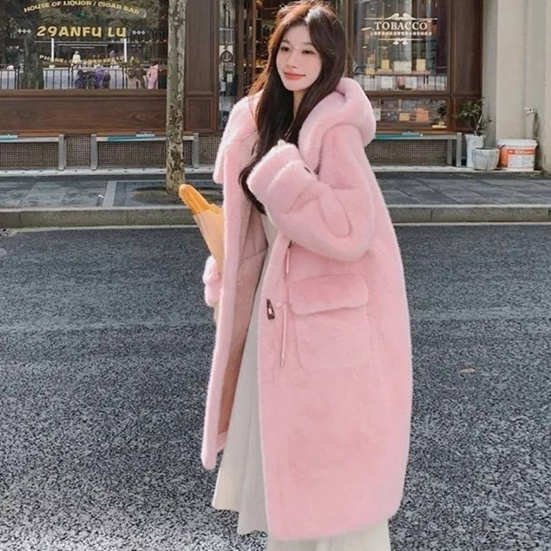 Women's 2025 Winter Fashion Hooded Mink Plus Size Eco-friendly Fluffy Fur Long Coat Thickened Pure Color High Quality Fur Coat