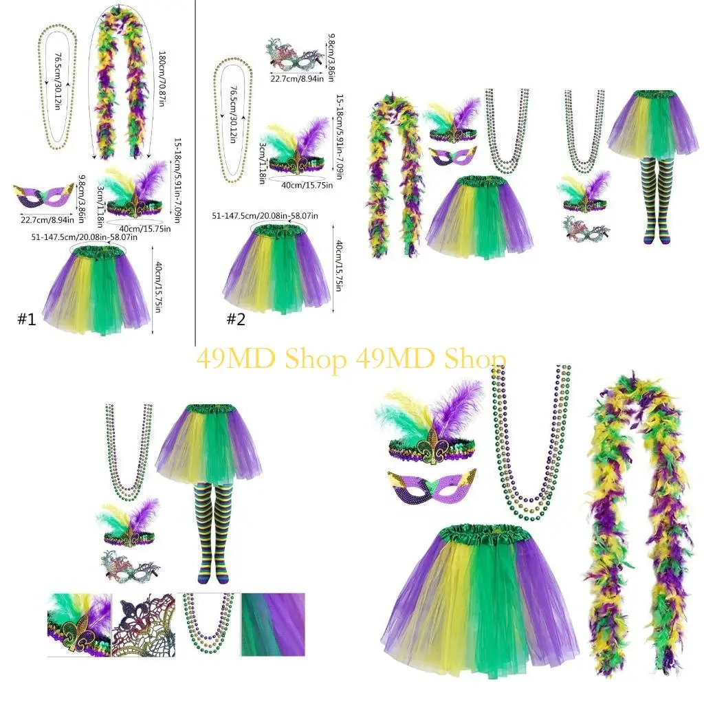 

49MD Headband Necklace Tutu Skirt for Mardi Gras Party Carnival Gathering Costume Set