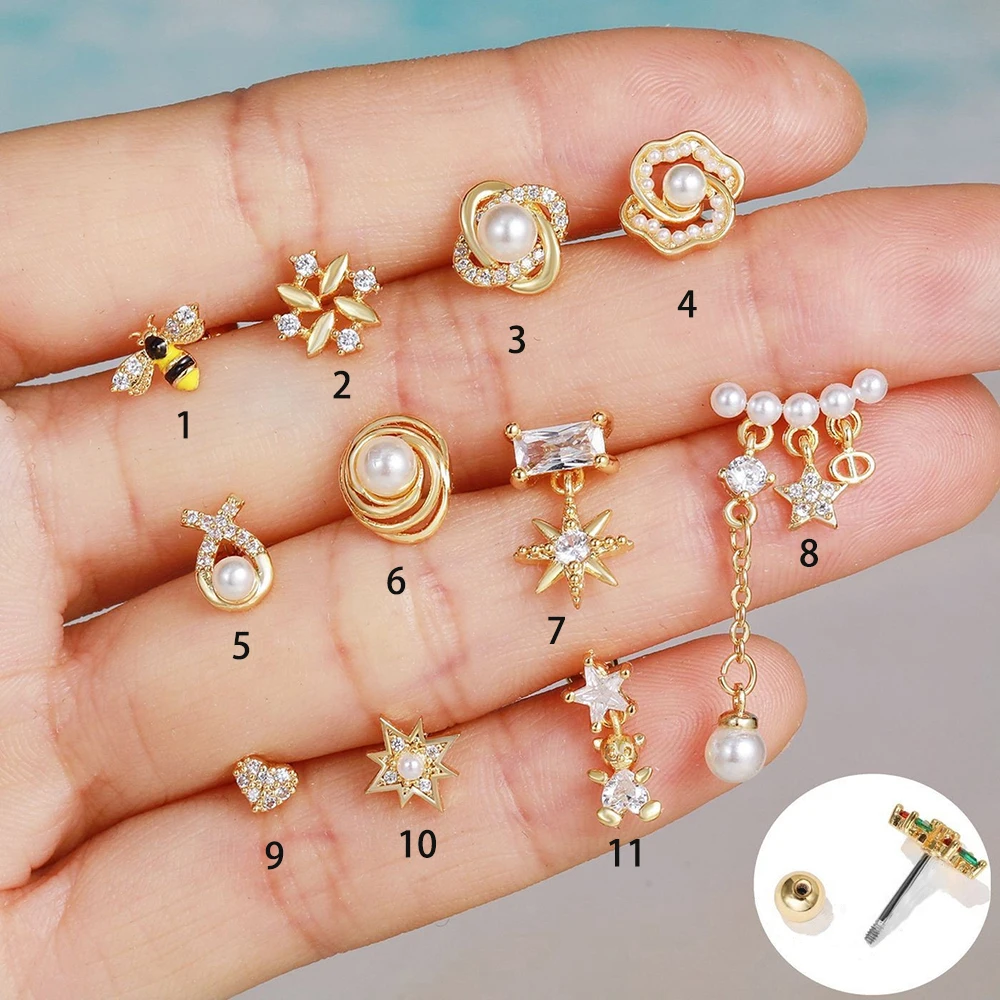 1PC Fashion Stainless Steel Honeybee Pearl Flower Ear Stud Earrings for Women Helix Tragus Cartilage Earring Piercing Jewelry