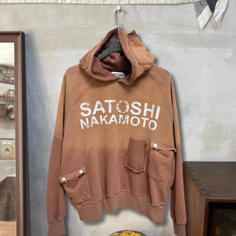 Washed Brown Vintage Fading Classic Letter Oversize SATOSHI Hoodie Multi Pocket Cargo Hood Sweatshirt Men Women Street Outfit