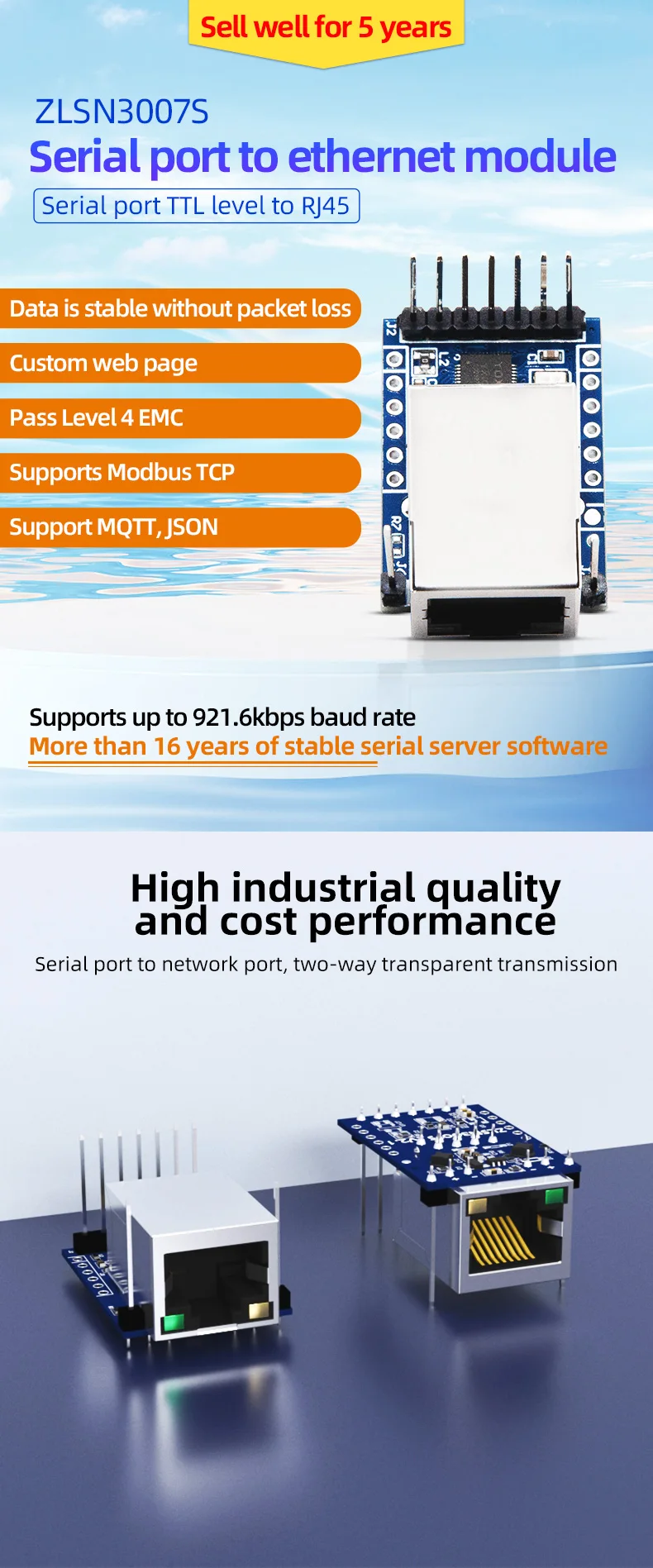 TTL Ethernet Module 10M LAN Port Modbus RTU Modbus TCP Virtual Port Support ZLSN3007S Serial Port Communication Networking