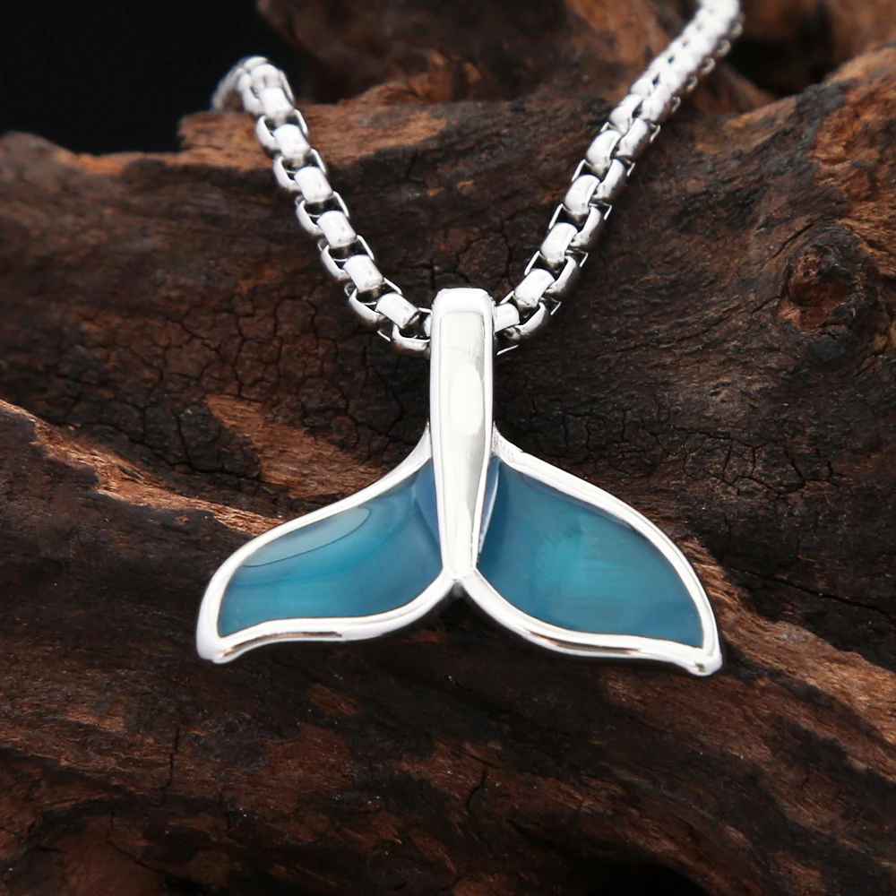 New Simple Blue Whale Fish Tail Pendant Necklace For Men Women Stainless Steel Long Chain Choker Necklace Fashion Jewelry Gifts