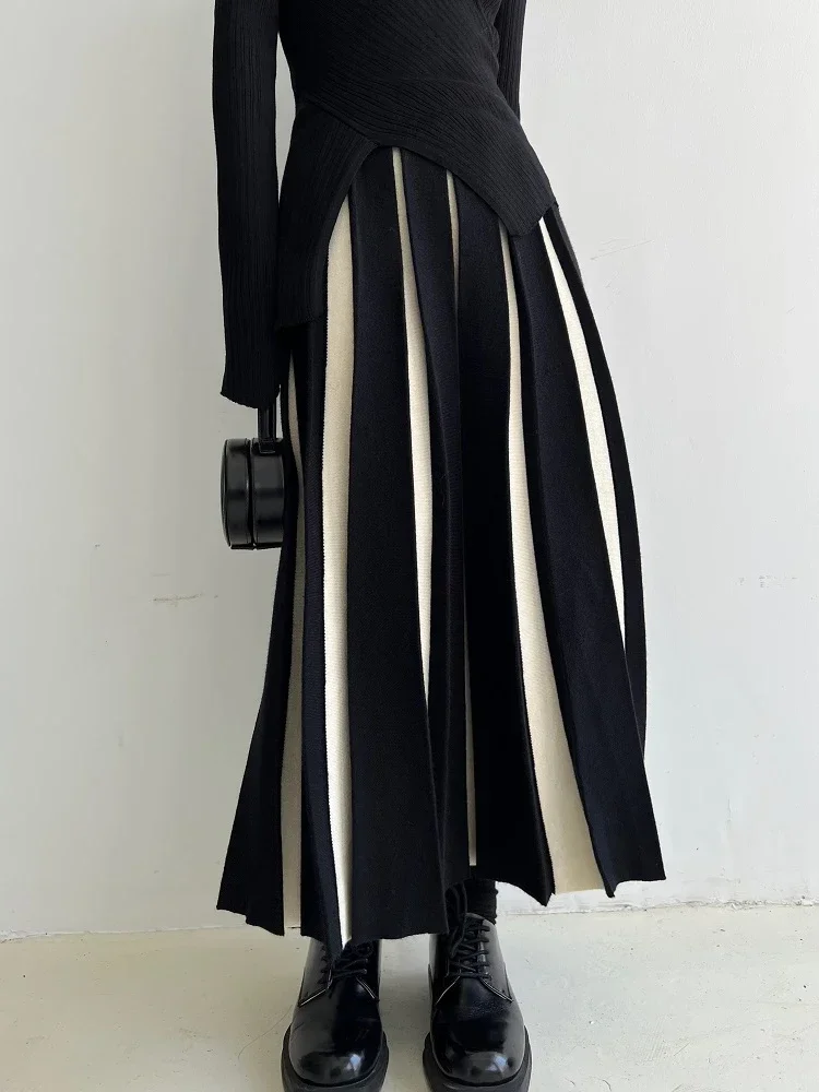 Autumn Winter Women\'s Skirts Elegant Fashion Knitted A-LINE Skirt Office Lady Black White Long Skirts for Women Fashion 2024