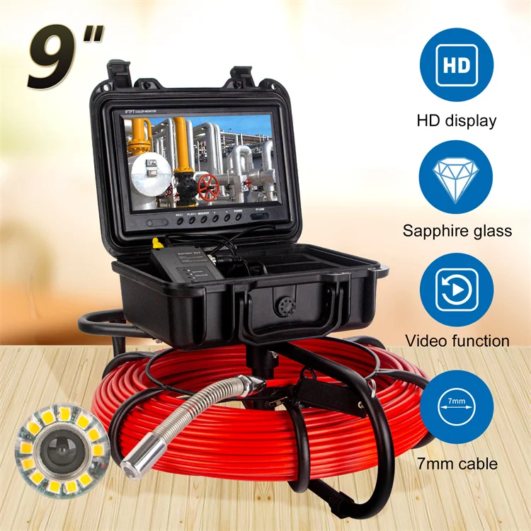 9-inch 1080P HD Night Vision Sewer Camera with DVR 16GB Pipe Inspection 512HZ Sonde Self-Leveling 7MM Cable for Sewer Line