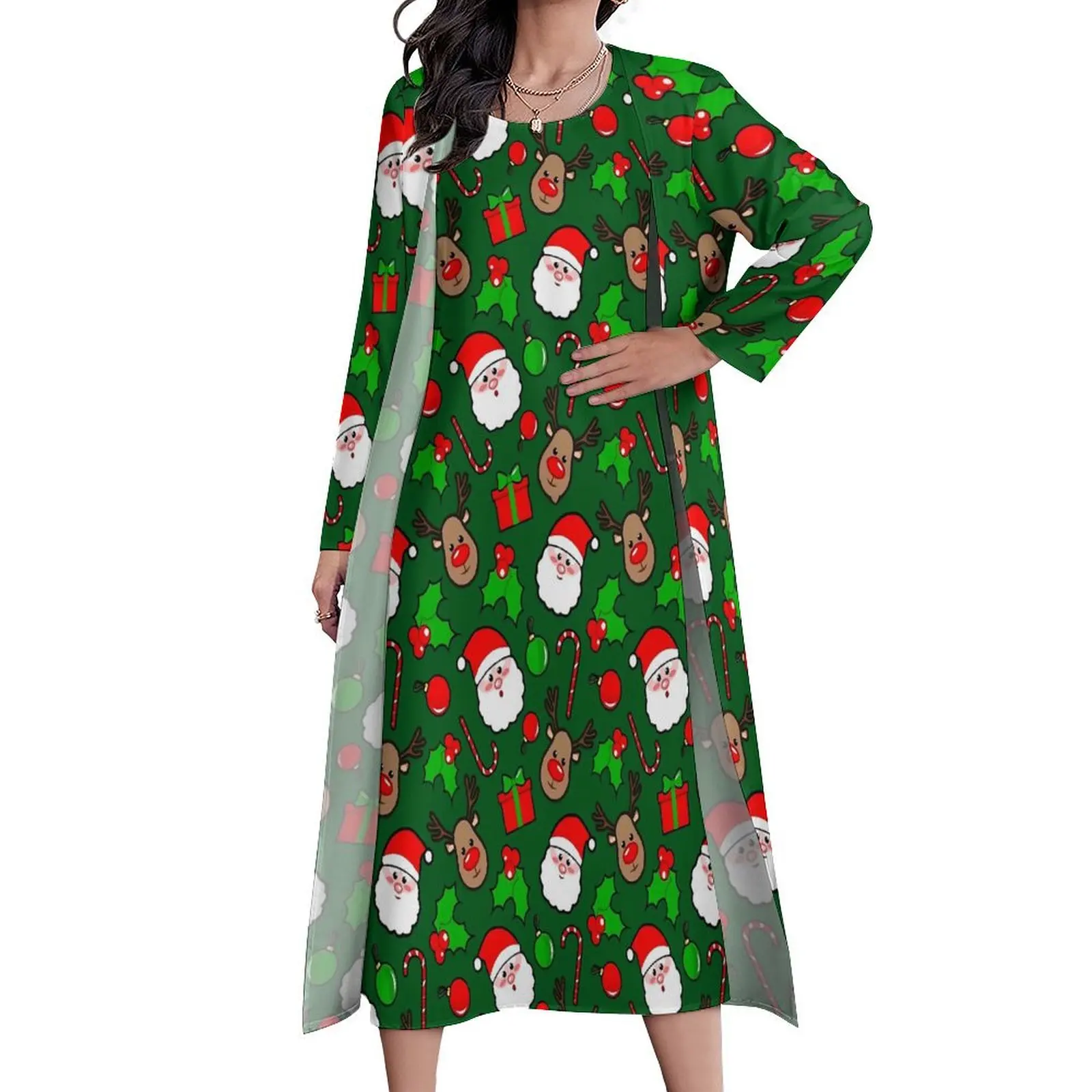 

Christmas Dress RUDOLPH And Santa Claus Night Club Maxi Dress Long Sleeve Custom Casual Long Dresses Aesthetic Oversize Clothing