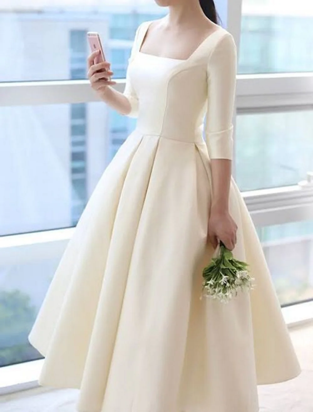 Elegant 2022 Square Collar Bride Dresses  A-Line 3/4 Long Sleeves Wedding Gowns Satin Korea Photography Simple Bridal Gown