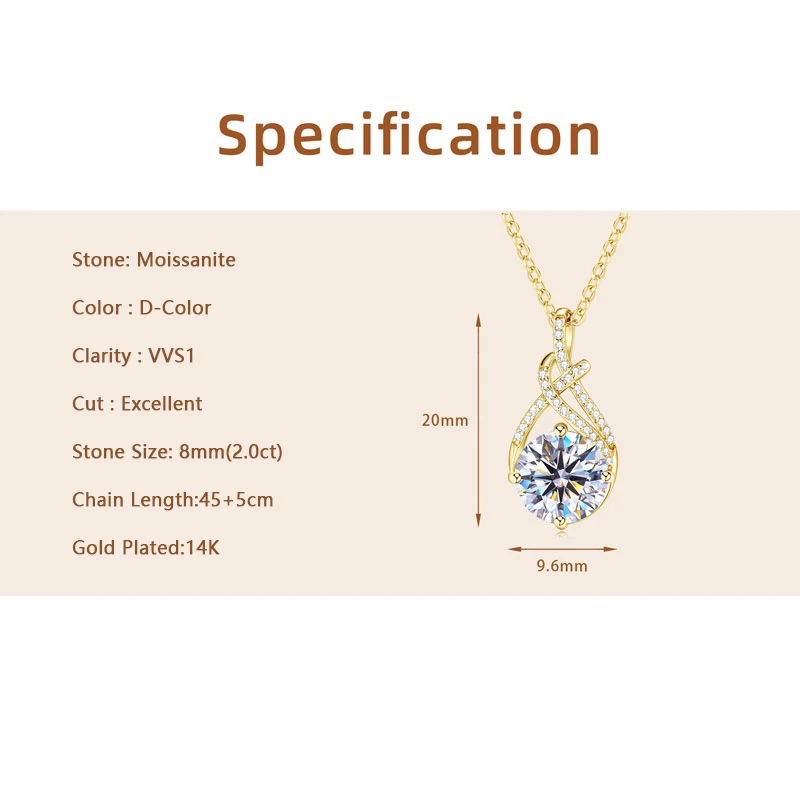 Lnngy Dazzling 8mm 2ct Moissanite Necklace 925 Sterling Silver Swirl Pendant Necklaces for Women 14K Gold Plated Jewelry Gift