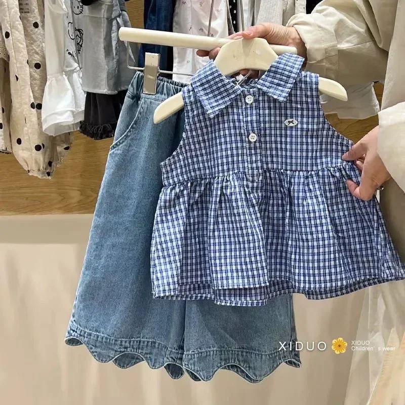 

Girls' Summer Clothing Set 2026 New Children's Sweet Sleeveless Plaid Top + Jeans for Little Girls Two-Piece Set 2 4 6 7Y