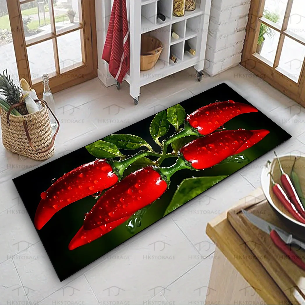 Vibrant Red Chili Pepper with Water Drop Print Runner Rug, Non Slip Long Mat for Kitchen,Bathroom,Living Room,Washable Decor Mat