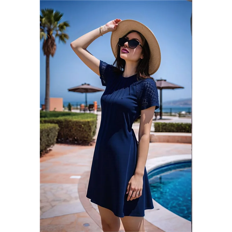 A83F-Women's Summer Short Lace Sleeve T Shirt Dress Casual Crew Neck Pleated Front Shift Dresses
