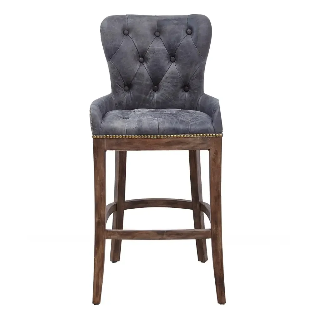 

## Industrial Style Oak Wood Frame Antique Leather Bar Chair Stool With Rivets Vintage High End Velvet Bar Chair#