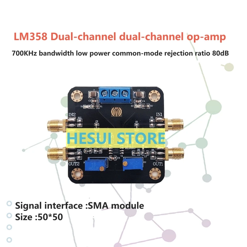 The LM358 operational amplifier module dual dual channel 700k bandwidth low power SMA input/output