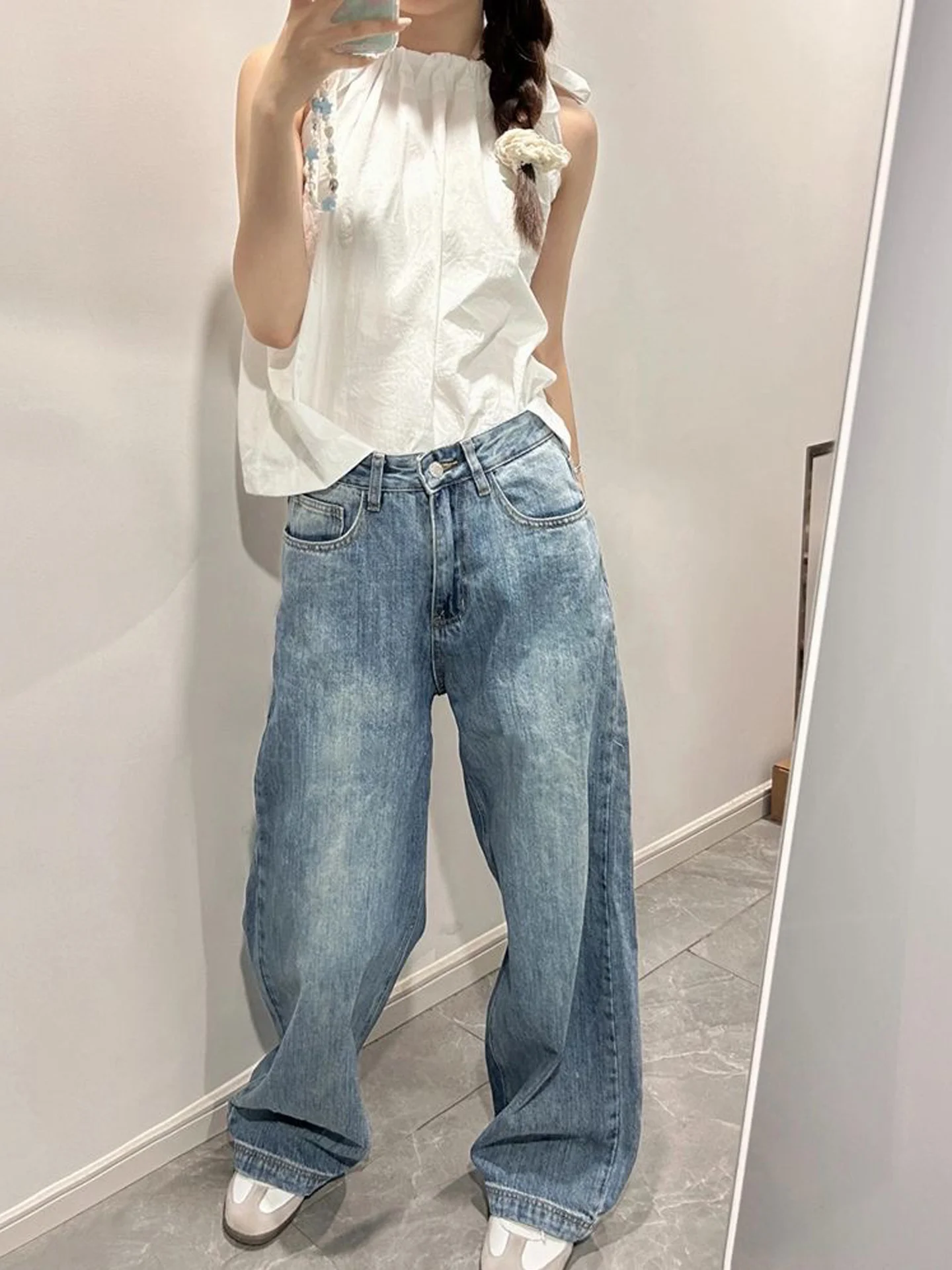 American High Street Vintage High Waist Wide Leg Jeans Women Summer New Loose Casual Slim Straight Floor-Length Pants