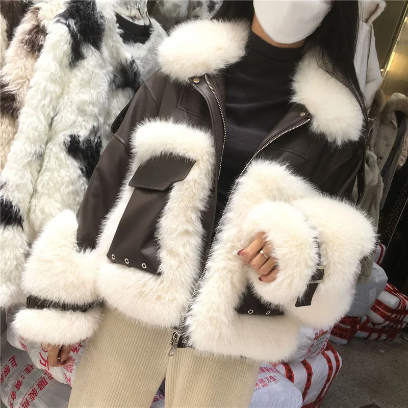 fashion 2023 winter office new lady imitation fox fur coat female short big pocket rivets faux fur jacket chic women\'s clothing