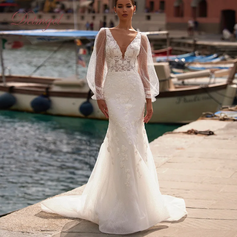 

Detmgel New Exquisite V Neck Mermaid Wedding Dresses Luxury Beading Appliques Backless Chapel Train Bridal Dress Customized