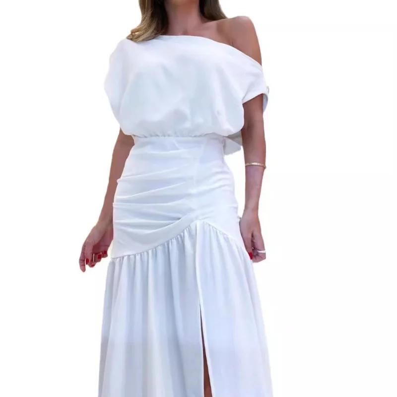 Vestido Sexy de moda para mujer con hombros descubiertos, sin mangas, elegante, informal, con abertura, cintura alta, vestido de vacaciones de Color sólido, jerséis para mujer