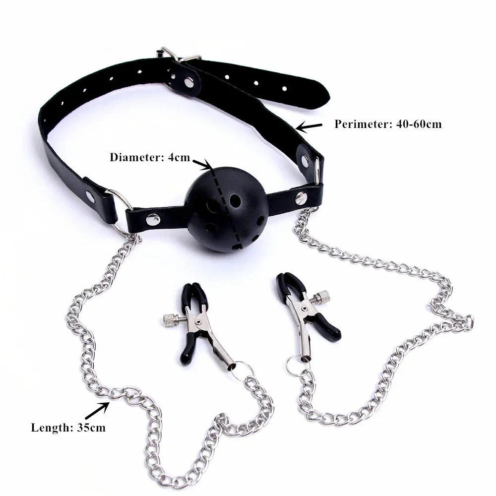 Erotic Toy PU Leather Mouth Gag Ball Oral Sex with Chain Clip Breast Nipple Clamps Fetish Bondage Harness Sex Toys Adult Games